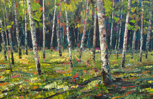 A textured painting with visible brushstrokes of a bright, green birch or aspen forest.