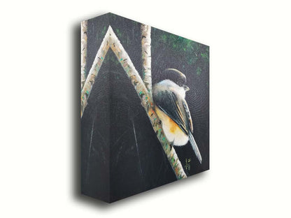 A painting of a small chickadee bird, perched on a birch branch and contrasted by a dark green backdrop of foliage. Printed on canvas.