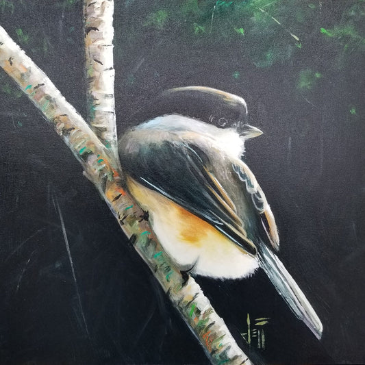 A painting of a small chickadee bird, perched on a birch branch and contrasted by a dark green backdrop of foliage. 