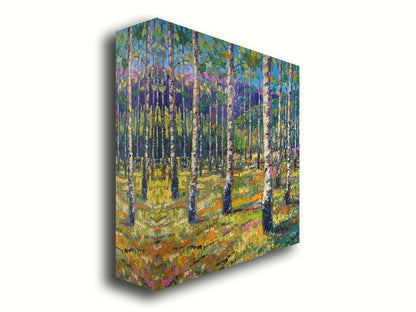 An expressive landscape of a birch forest backed by purple mountains, painted with visible brushstrokes. The greens of the foliage and whites of the bark are accented with oranges, pinks, and purples. Printed on canvas.