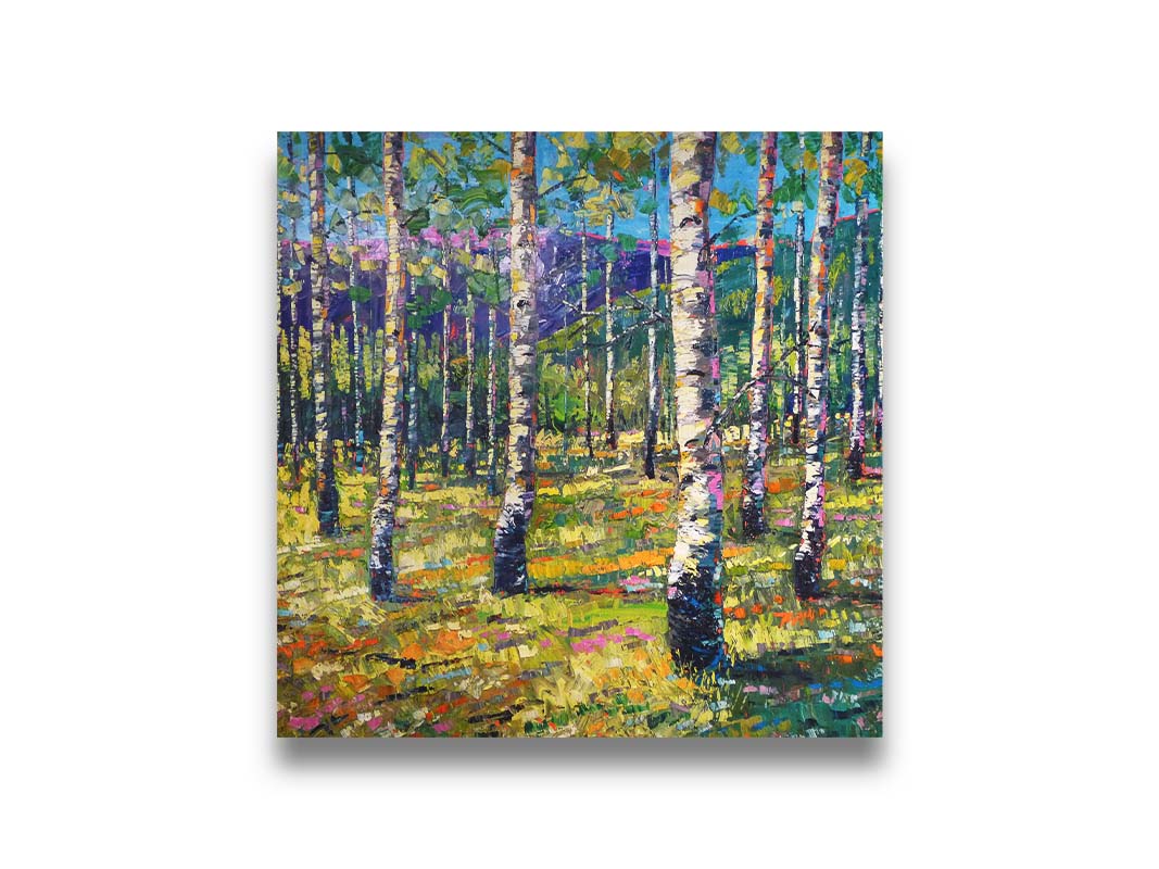 An expressive landscape of a birch forest backed by purple mountains, painted with visible brushstrokes. The greens of the foliage and whites of the bark are accented with oranges, pinks, and purples. Printed on canvas.