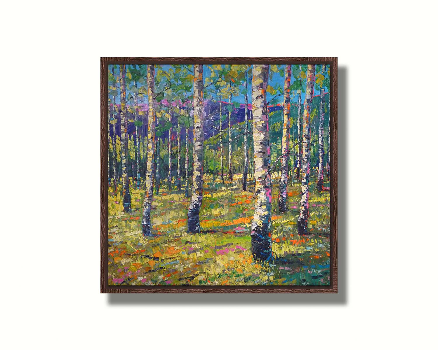 An expressive landscape of a birch forest backed by purple mountains, painted with visible brushstrokes. The greens of the foliage and whites of the bark are accented with oranges, pinks, and purples. Printed on canvas in a float frame.