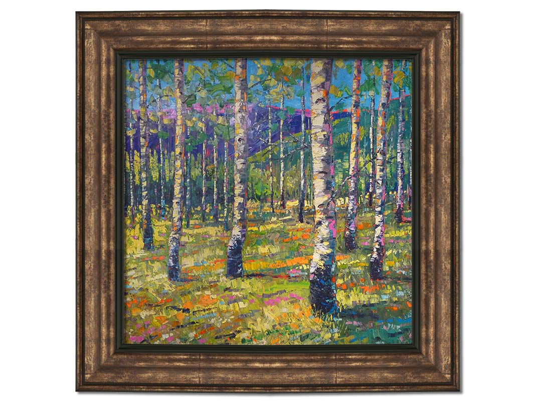 An expressive landscape of a birch forest backed by purple mountains, painted with visible brushstrokes. The greens of the foliage and whites of the bark are accented with oranges, pinks, and purples. Printed on canvas and framed.