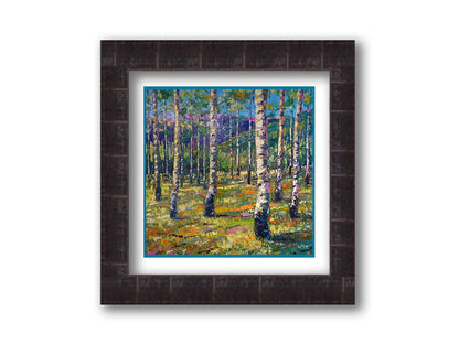 An expressive landscape of a birch forest backed by purple mountains, painted with visible brushstrokes. The greens of the foliage and whites of the bark are accented with oranges, pinks, and purples. Printed on paper, matted, and framed.