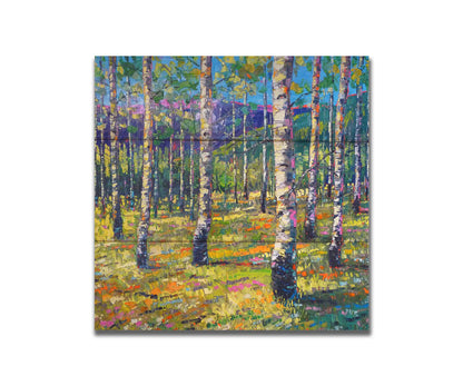 An expressive landscape of a birch forest backed by purple mountains, painted with visible brushstrokes. The greens of the foliage and whites of the bark are accented with oranges, pinks, and purples. Printed on a box board.