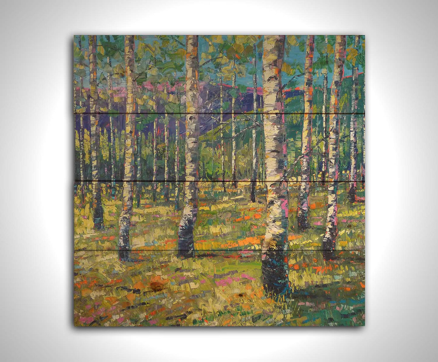 An expressive landscape of a birch forest backed by purple mountains, painted with visible brushstrokes. The greens of the foliage and whites of the bark are accented with oranges, pinks, and purples. Printed on a wood pallet.