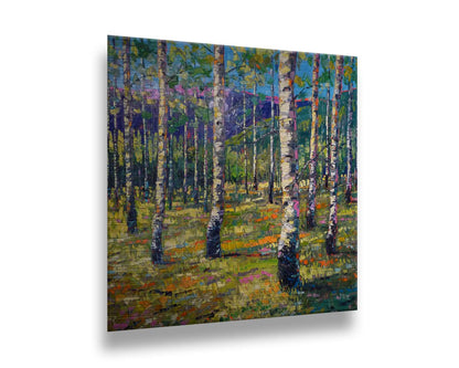 An expressive landscape of a birch forest backed by purple mountains, painted with visible brushstrokes. The greens of the foliage and whites of the bark are accented with oranges, pinks, and purples. Printed on metal.