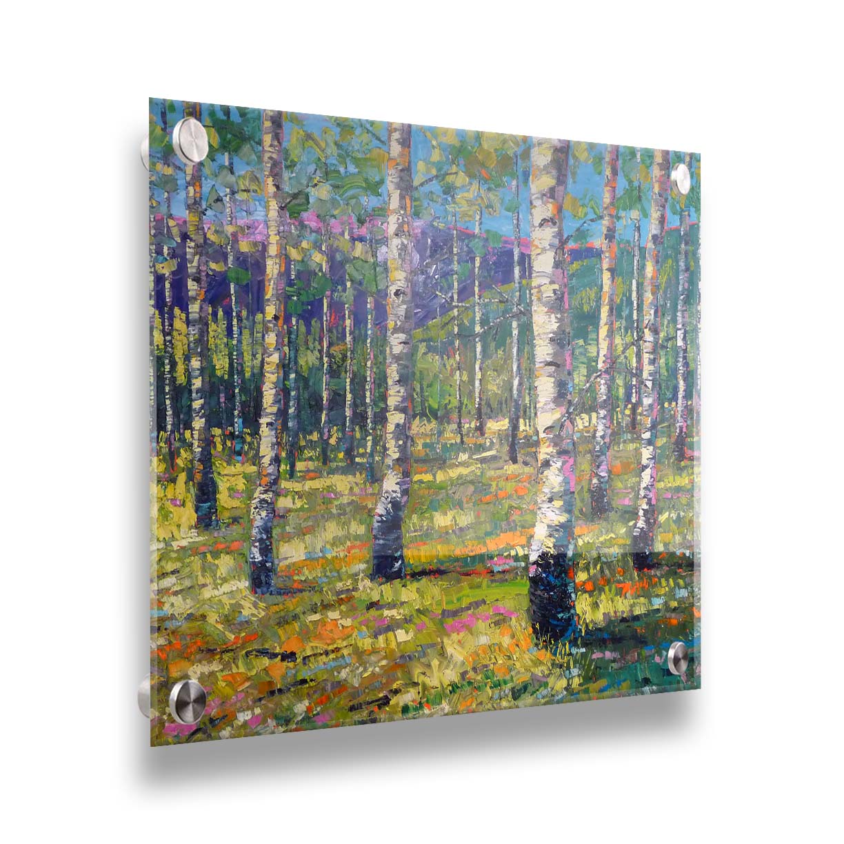 An expressive landscape of a birch forest backed by purple mountains, painted with visible brushstrokes. The greens of the foliage and whites of the bark are accented with oranges, pinks, and purples. Printed on acrylic.