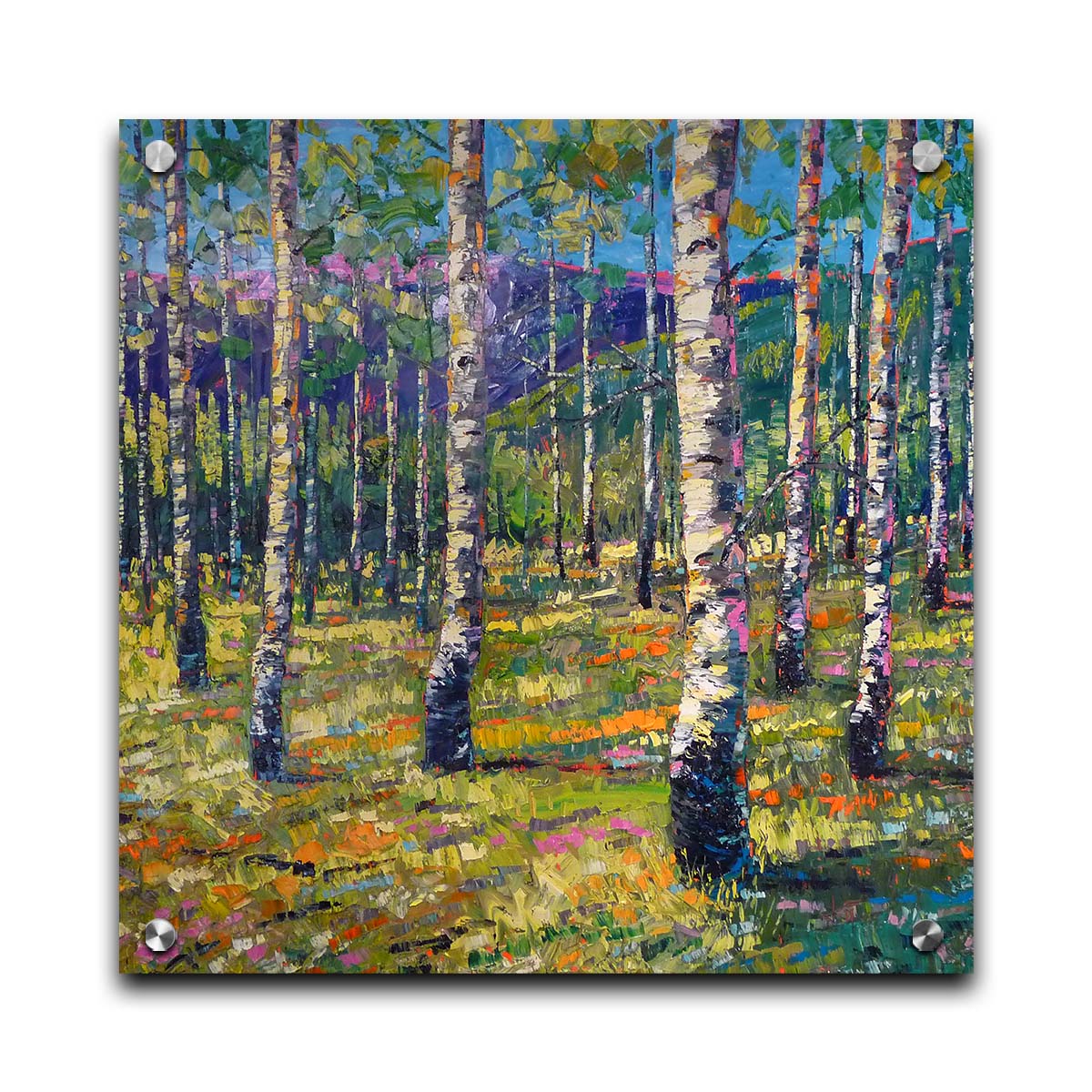 An expressive landscape of a birch forest backed by purple mountains, painted with visible brushstrokes. The greens of the foliage and whites of the bark are accented with oranges, pinks, and purples. Printed on acrylic.