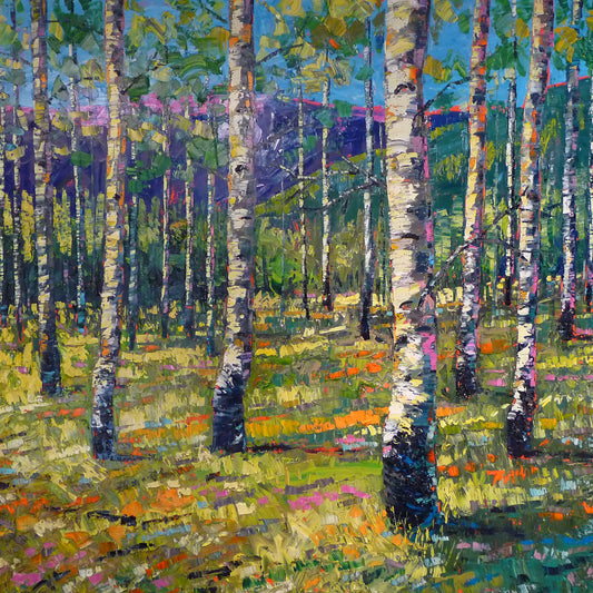 An expressive landscape of a birch forest backed by purple mountains, painted with visible brushstrokes. The greens of the foliage and whites of the bark are accented with oranges, pinks, and purples.