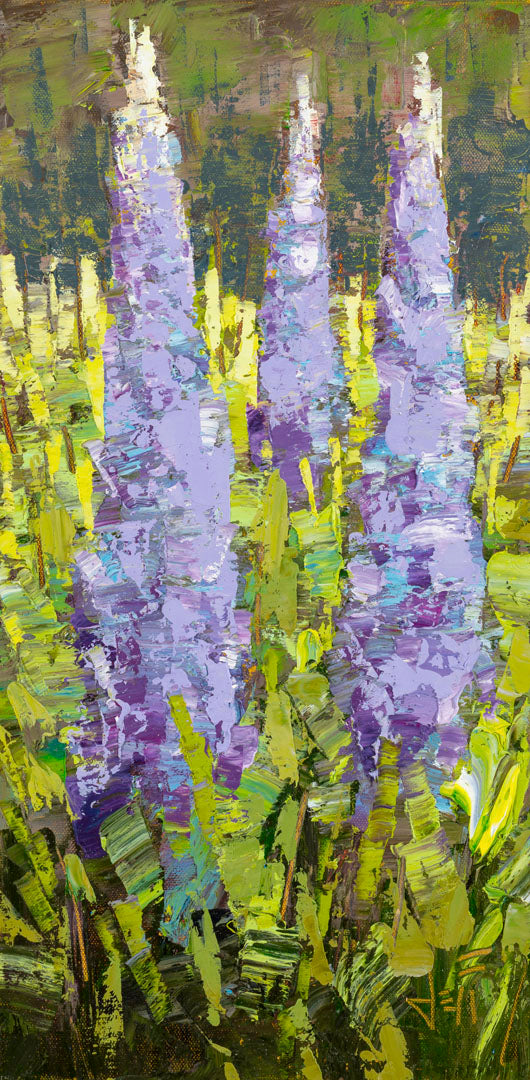 A painting of purple lupine flowers, standing tall against their bright green leaves.