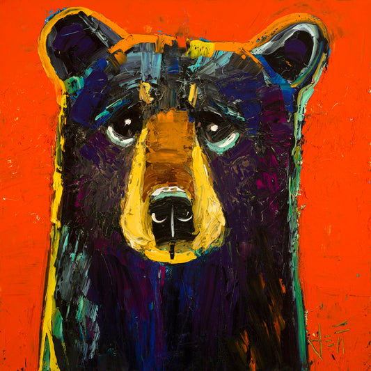 A stylized, contemporary painting of a black bear accented with vibrant yellows, greens, blues, and purples against a bright orange background.