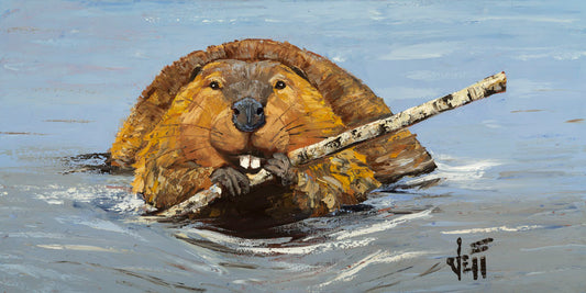 A painting of a brown beaver swimming through pale blue water, chewing on a stick. 