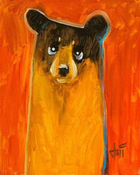A painting of a yellow and brown bear against a bright orange background. It is stylized into a simplified shape that emphasizes the color and form of the bear.