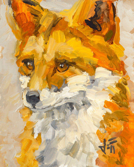 A painting of a bright orange fox set against a beige background. Visible wide, rectangular brushstrokes add texture and dimension to the piece.