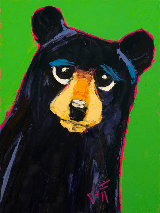 A stylish contemporary painting of a black bear against a bright green background. It is simplified into more basic shapes and textures than in realism, creating an emphasis on form and color.