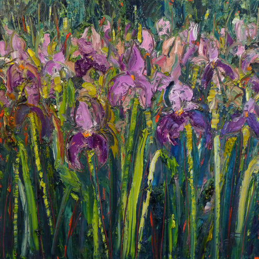 A painting of warm, purple iris flowers standing out against cool foliage. Thickly applied paint adds extra texture and depth.