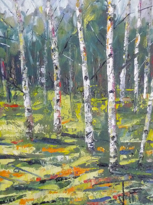 A painting of a birch forest. The ground is a pale warm green, which is contrasted with cool, desaturated green shadows cast by the white birch trunks.