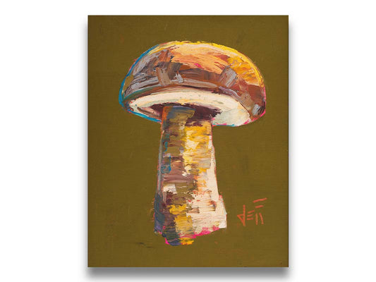 A still life painting of a little brown mushroom against a brassy brown background. The artist uses broad brushstrokes to create interesting texture, and shows a masterful understanding of color theory. Printed on canvas.