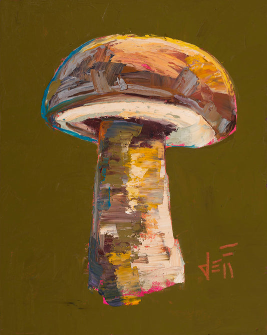 A still life painting of a little brown mushroom against a brassy brown background. The artist uses broad brushstrokes to create interesting texture, and shows a masterful understanding of color theory.