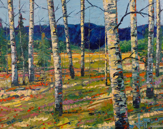 A painting of a birch forest near the mountains, which line the horizon in blue. Warm sunlight dresses the birch trunks and grass below, contrasting the cool hues of the background.