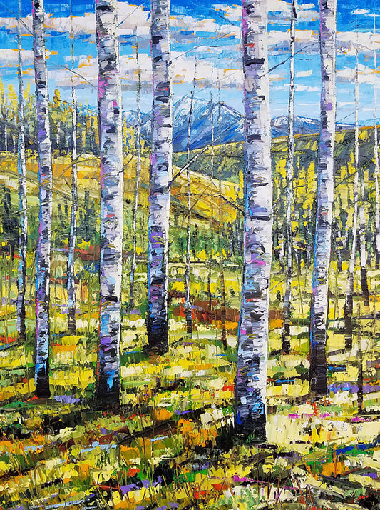 A painting of a birch landscape in the mountains. Bright green grasses cover the ground, and trees stretch into the distance over hills leading into the blue mountain range.