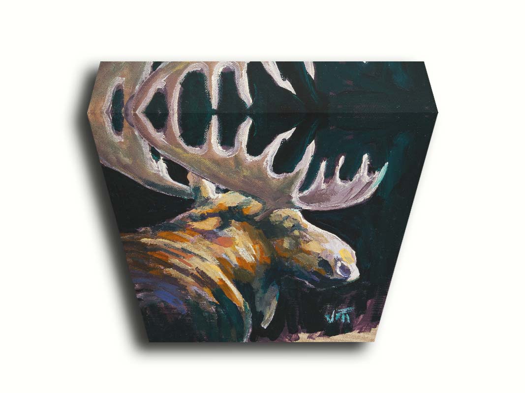 A textured painting of a brown moose against a black background. The yellowy hues of the fur's highlights are contrasted by indigo accented shadows. Printed on canvas.