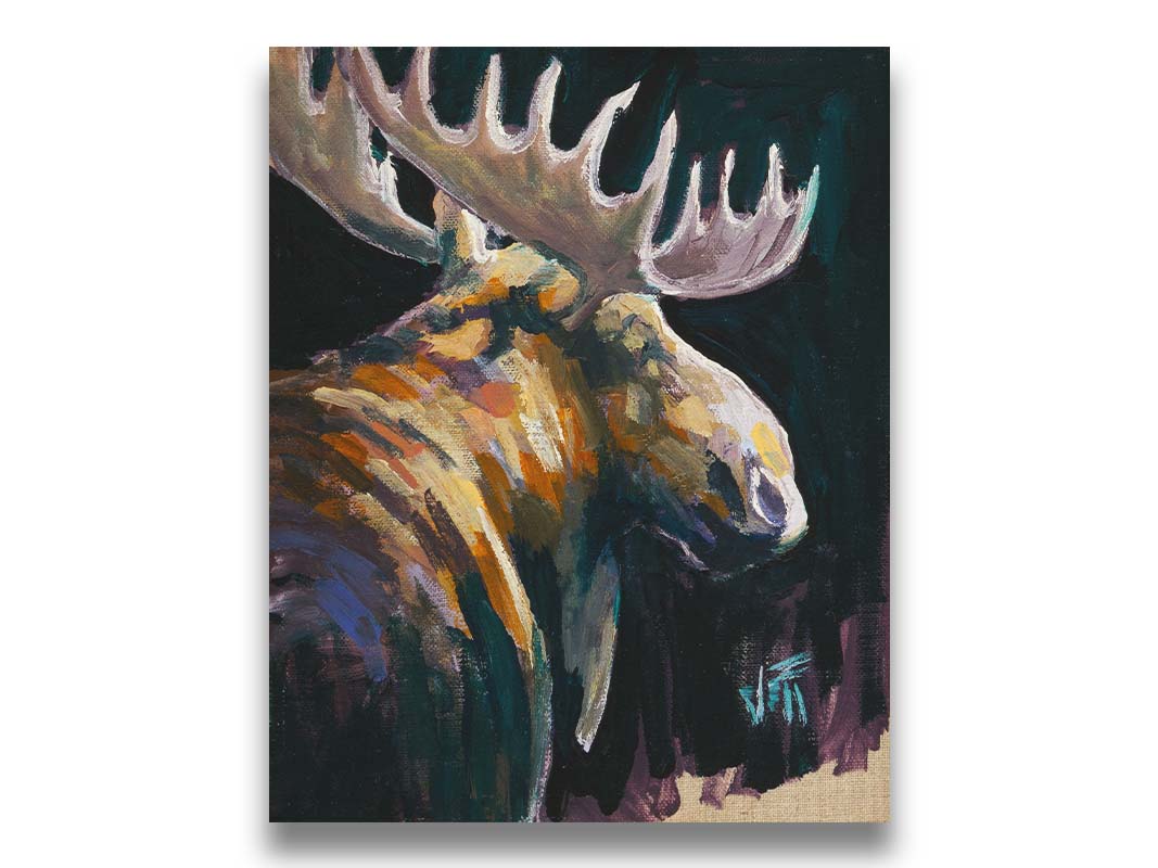 A textured painting of a brown moose against a black background. The yellowy hues of the fur's highlights are contrasted by indigo accented shadows. Printed on canvas.