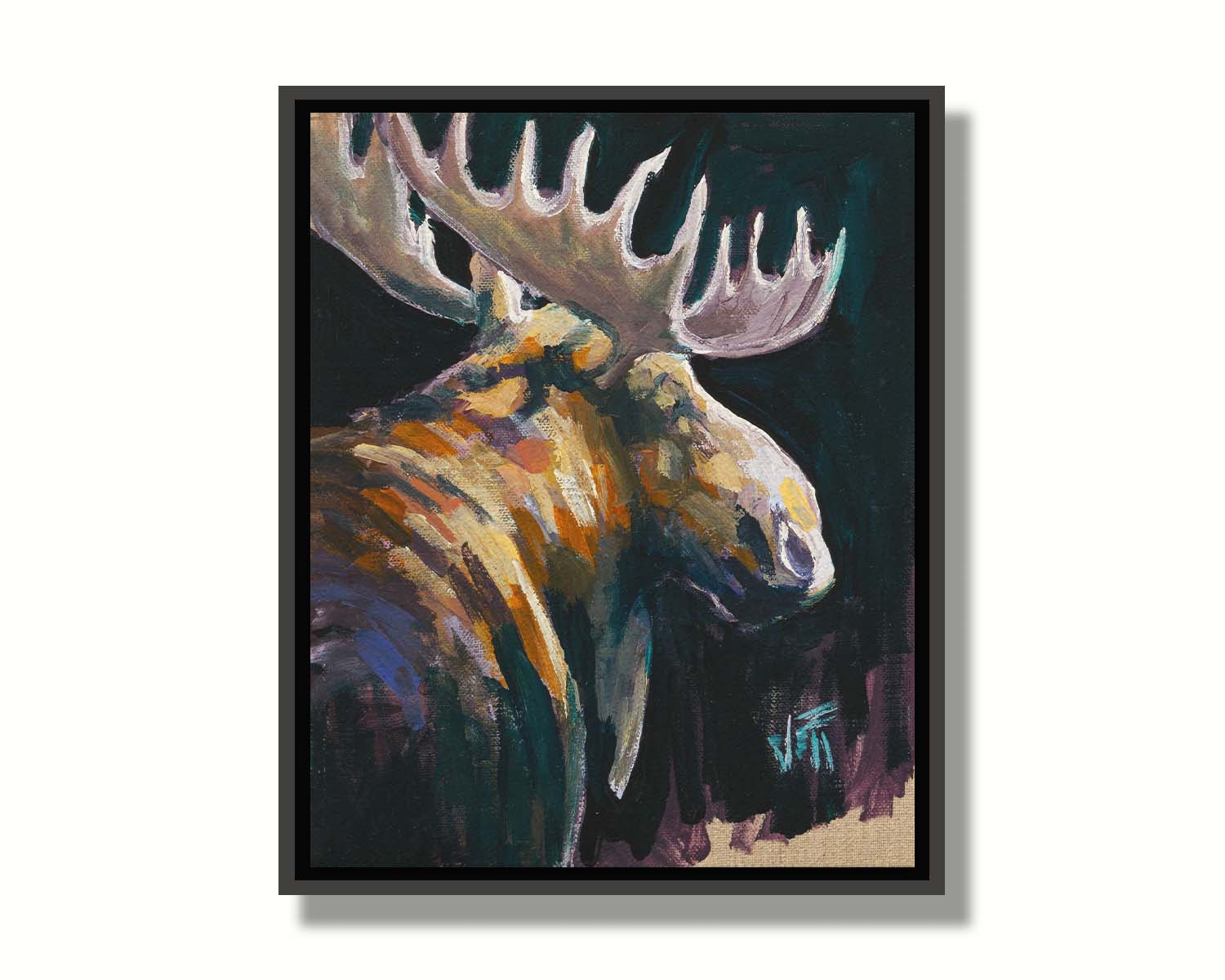 A textured painting of a brown moose against a black background. The yellowy hues of the fur's highlights are contrasted by indigo accented shadows. Printed on canvas in a float frame.