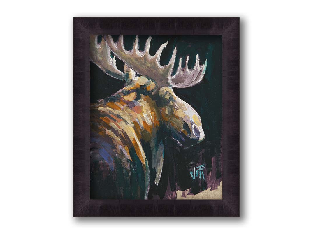 A textured painting of a brown moose against a black background. The yellowy hues of the fur's highlights are contrasted by indigo accented shadows. Printed on canvas and framed.