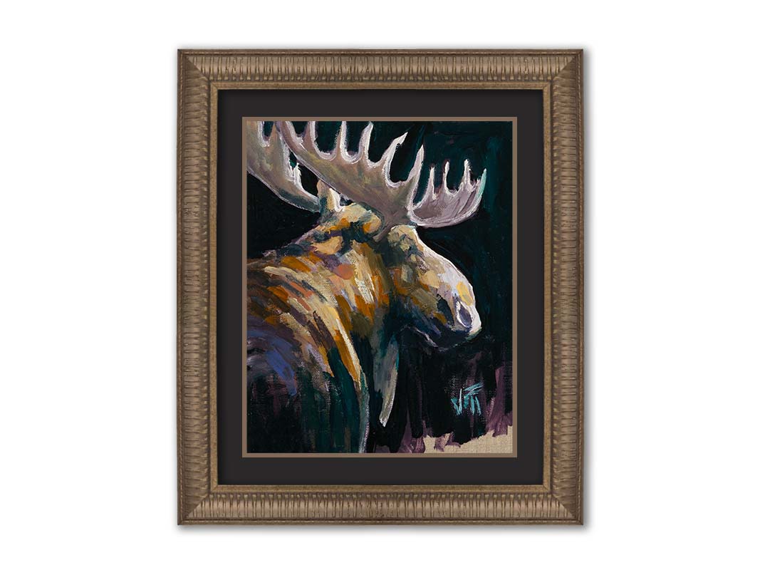 A textured painting of a brown moose against a black background. The yellowy hues of the fur's highlights are contrasted by indigo accented shadows. Printed on paper, matted, and framed.