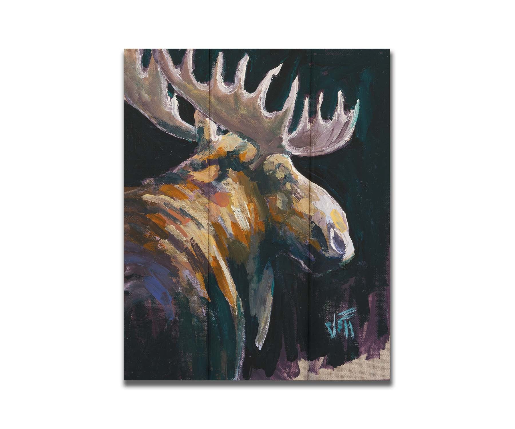 A textured painting of a brown moose against a black background. The yellowy hues of the fur's highlights are contrasted by indigo accented shadows. Printed on a box board.