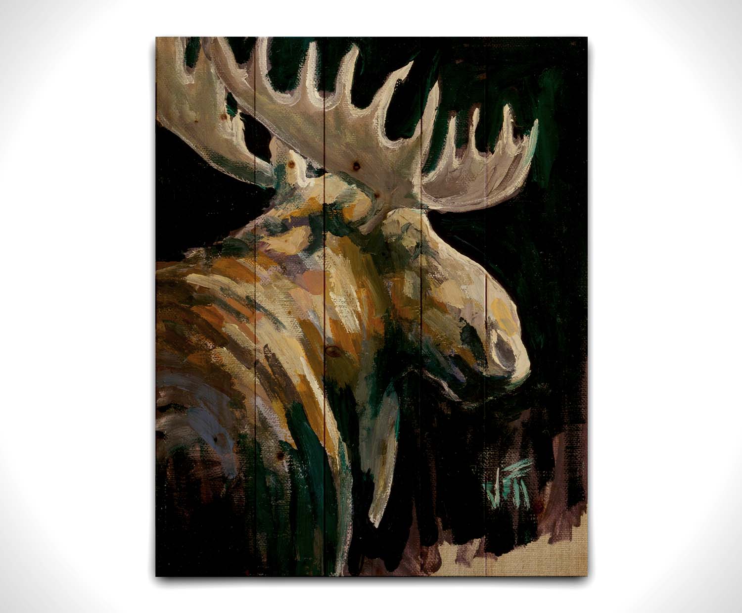 A textured painting of a brown moose against a black background. The yellowy hues of the fur's highlights are contrasted by indigo accented shadows. Printed on a wood pallet.