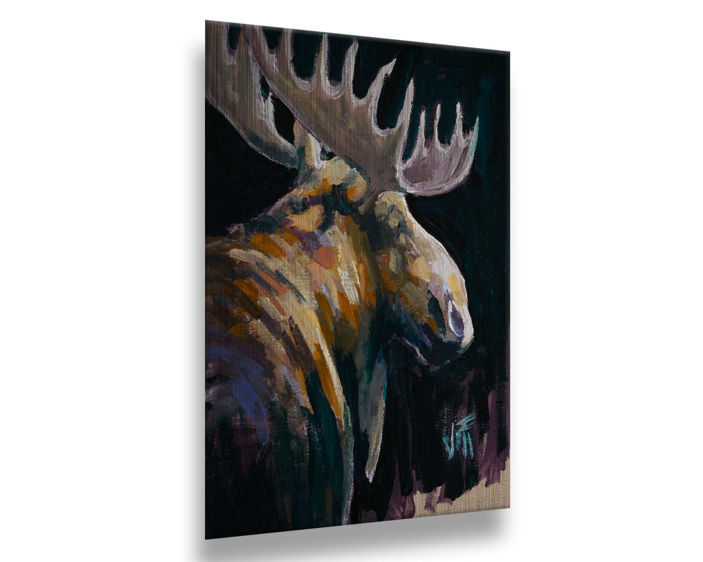 A textured painting of a brown moose against a black background. The yellowy hues of the fur's highlights are contrasted by indigo accented shadows. Printed on metal.