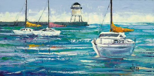 An ocean harbor landscape with white sailboats adorned with pink and yellow sails. There is a rocky shore with a lighthouse in the distance.