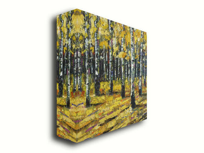 A painting of a dense forest of aspen trees, their bright yellow fall leaves matching the ground below. Printed on canvas.