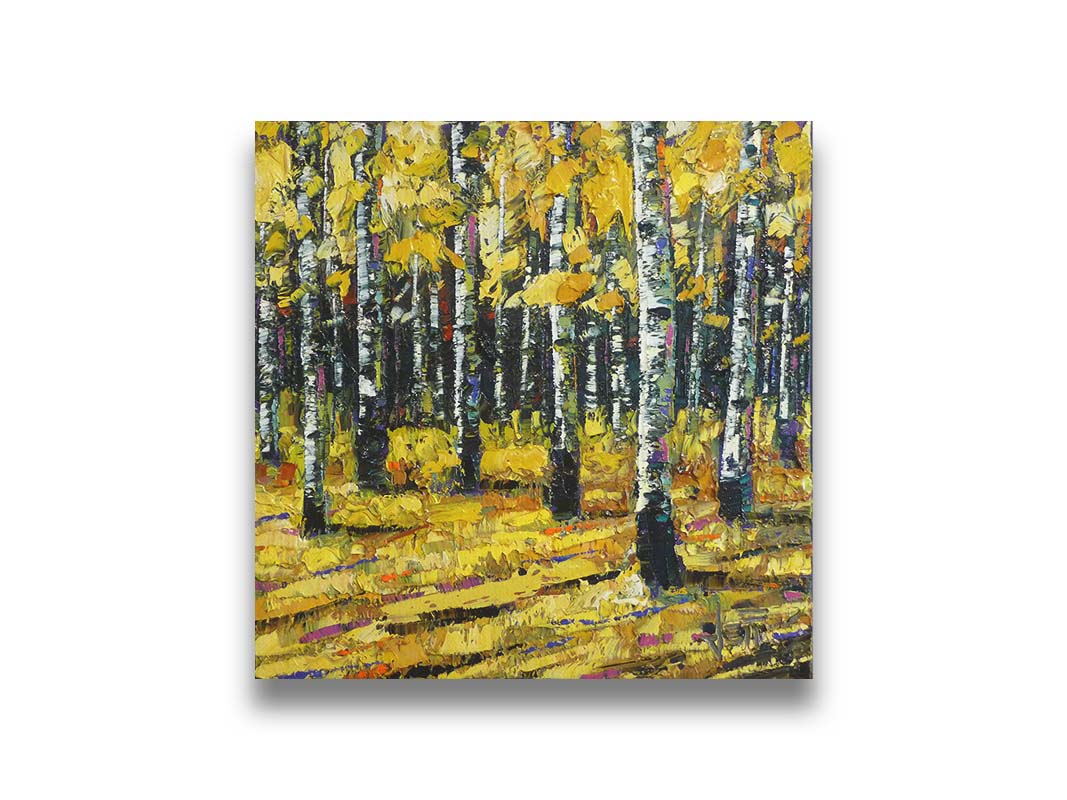 A painting of a dense forest of aspen trees, their bright yellow fall leaves matching the ground below. Printed on canvas.