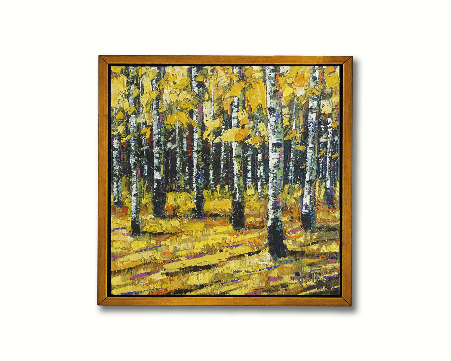 A painting of a dense forest of aspen trees, their bright yellow fall leaves matching the ground below. Printed on canvas in a float frame.