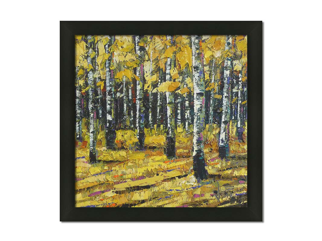 A painting of a dense forest of aspen trees, their bright yellow fall leaves matching the ground below. Printed on canvas and framed.