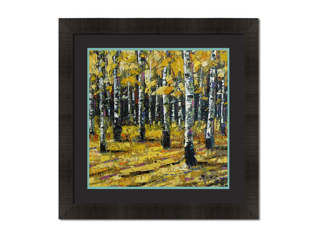 A painting of a dense forest of aspen trees, their bright yellow fall leaves matching the ground below. Printed on paper, matted, and framed.