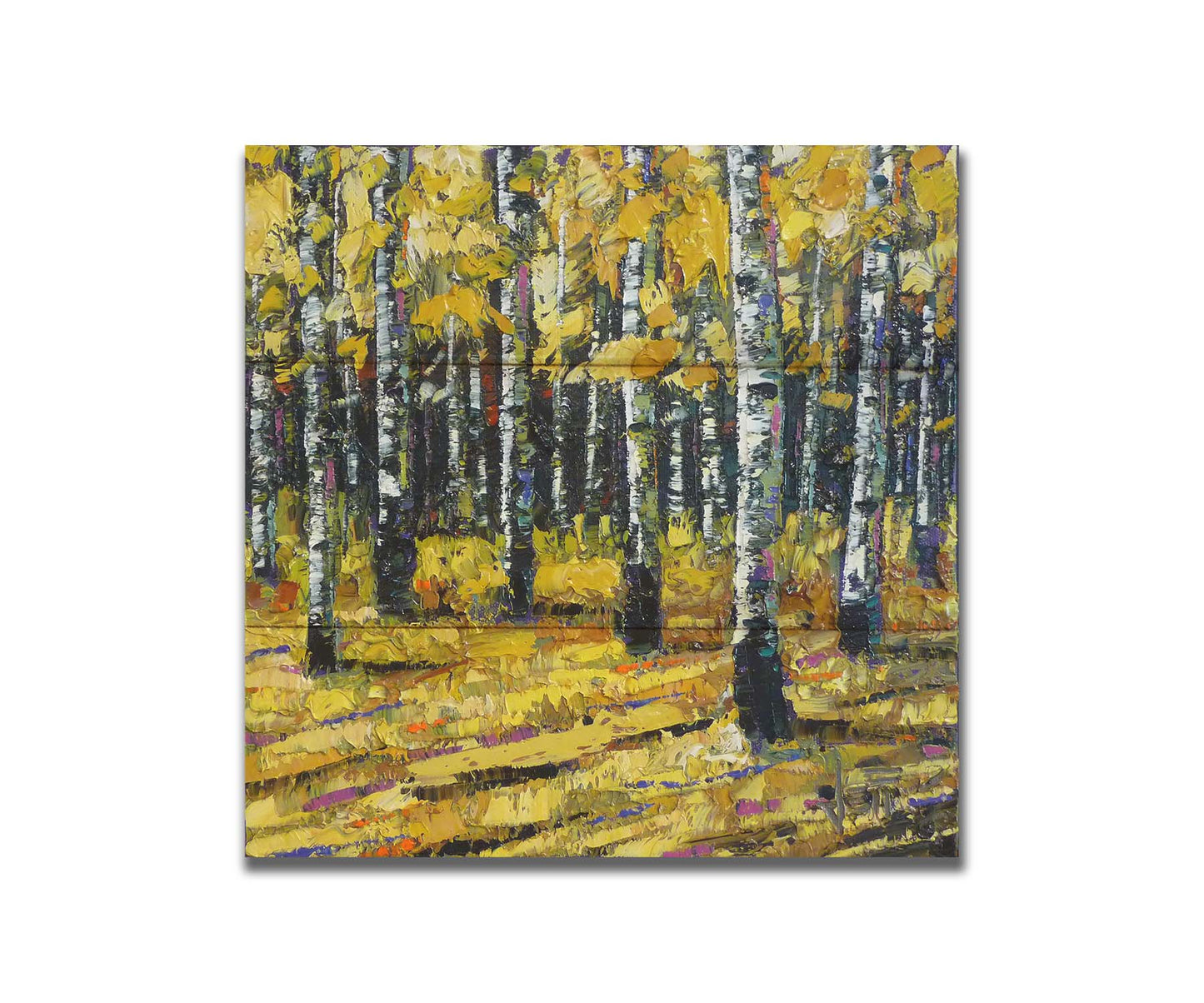 A painting of a dense forest of aspen trees, their bright yellow fall leaves matching the ground below. Printed on a box board.