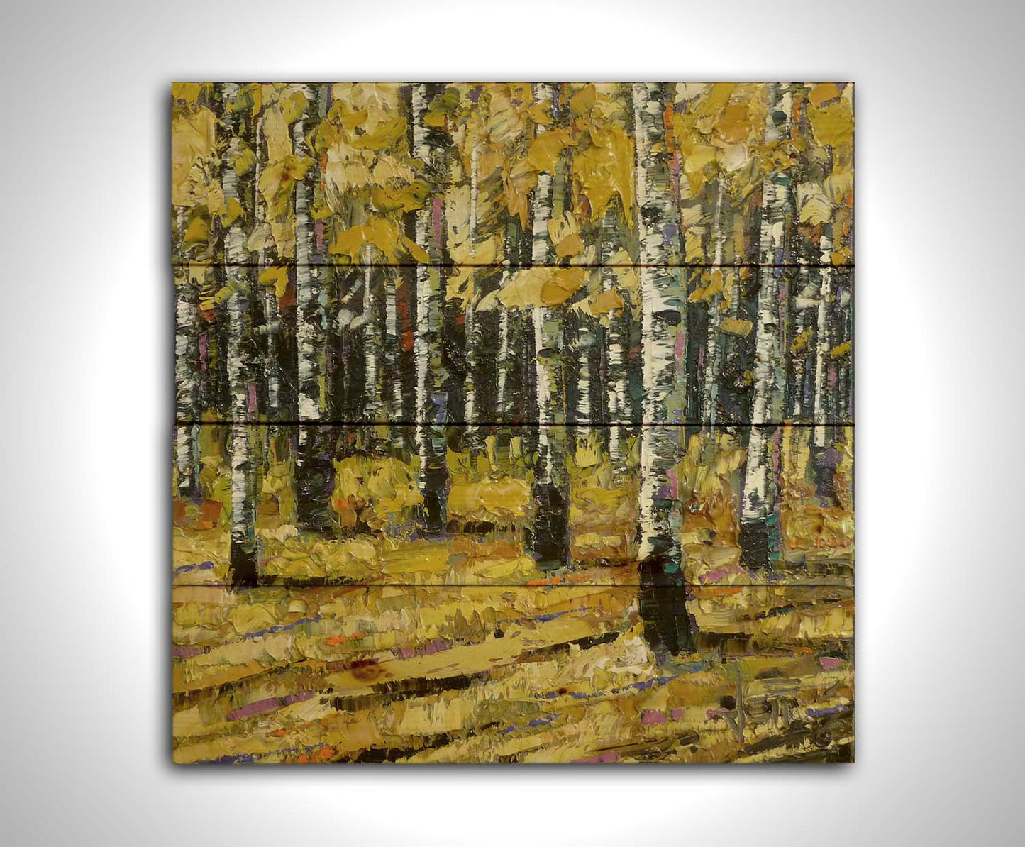 A painting of a dense forest of aspen trees, their bright yellow fall leaves matching the ground below. Printed on a wood pallet.