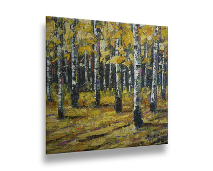 A painting of a dense forest of aspen trees, their bright yellow fall leaves matching the ground below. Printed on metal.