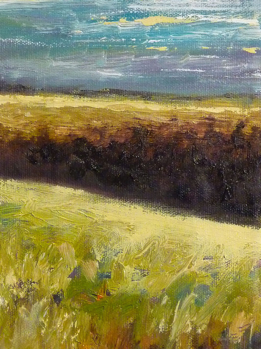 A painting expressing a landscape, with grassy fields under a blue sky.