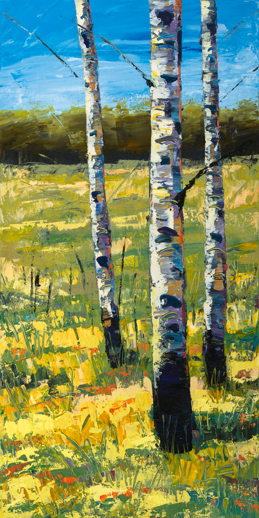 A painting of three white birch trunks growing out of a grassy green and yellow field.