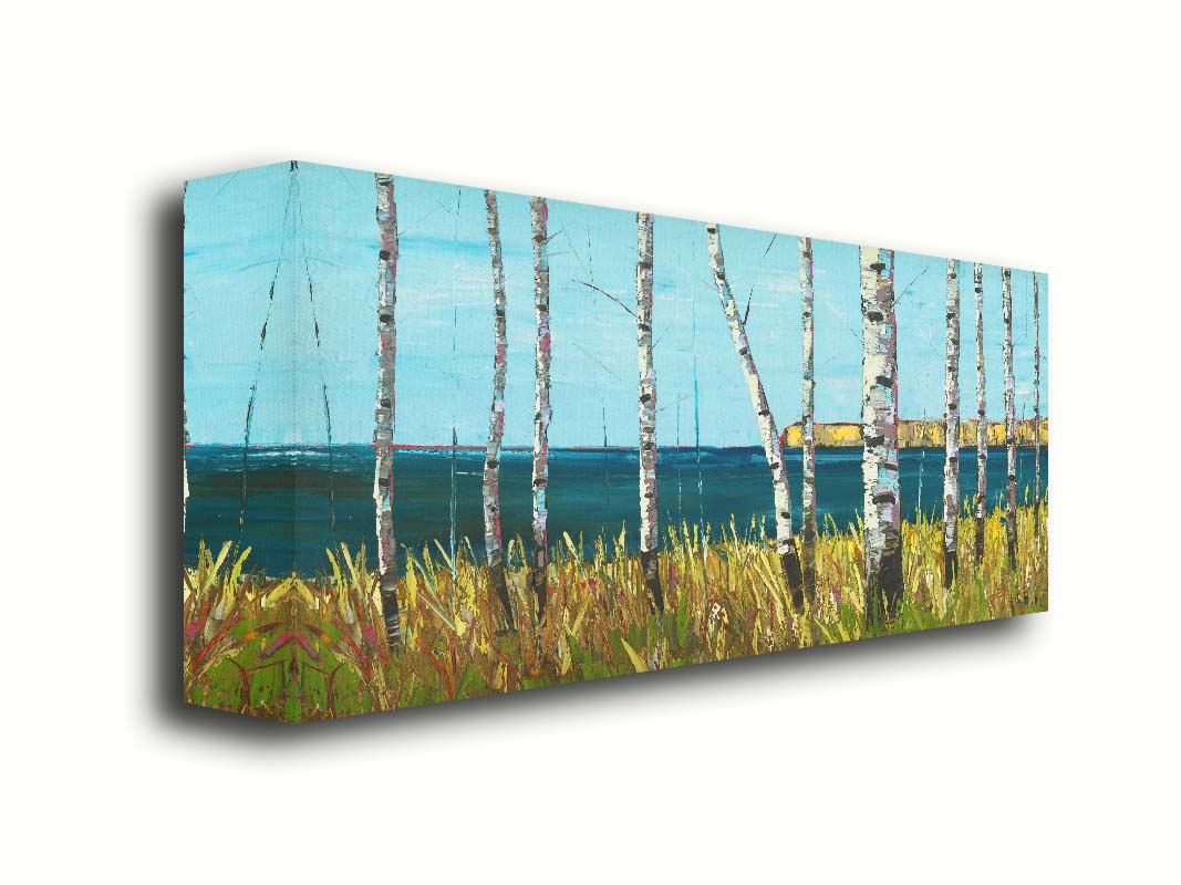 A painting of a serene cliff landscape with birch trees. A tranquil sea is in the background. Printed on canvas.