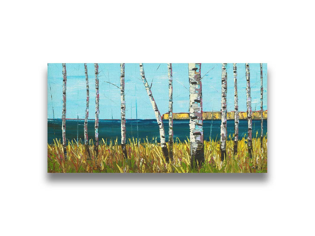 A painting of a serene cliff landscape with birch trees. A tranquil sea is in the background. Printed on canvas.