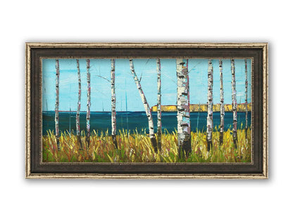 A painting of a serene cliff landscape with birch trees. A tranquil sea is in the background. Printed on canvas and framed.