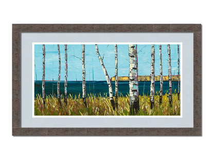 A painting of a serene cliff landscape with birch trees. A tranquil sea is in the background. Printed on paper, matted, and framed.