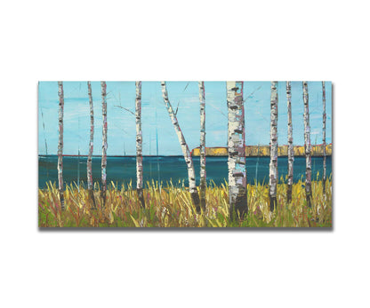 A painting of a serene cliff landscape with birch trees. A tranquil sea is in the background. Printed on a box board.